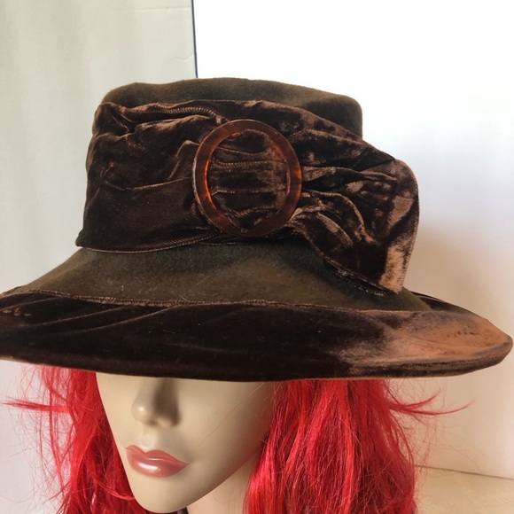 Vintage 1976-1995 Slouch Lamp Hat Brown Crused Velvet and Felt - Picture 6 of 9